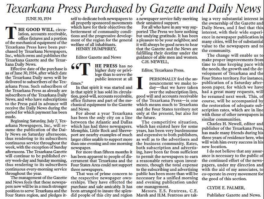 TXK 150 | Texarkana Press Purchased by Gazette and Daily