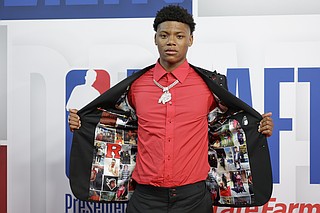 Ace Bailey arrives June 25, 2025, for the first round of the NBA draft in New York. (AP Photo/Adam Hunger)