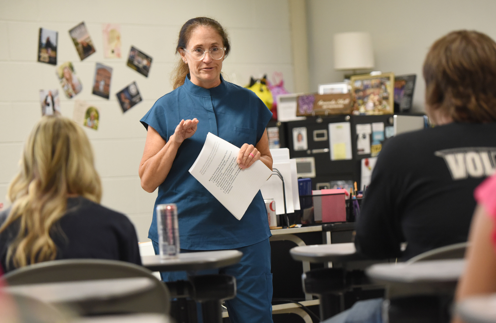 Staff photo by Matt Hamilton / Mandy Shell talks to students in her medical terminology class Aug. 6, 2025, the first day of the new school year at Hixson High and in the Hamilton County system.