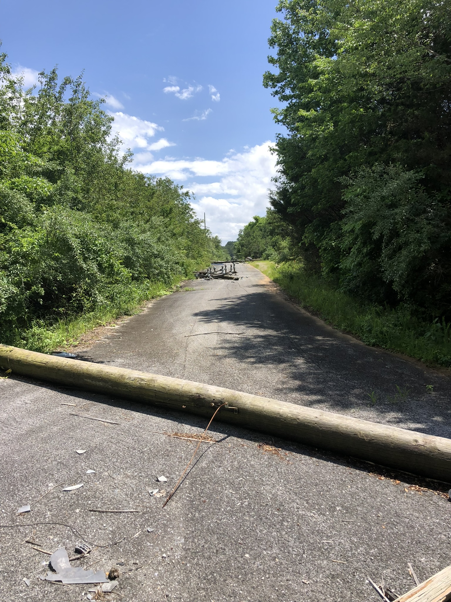 Hamilton County Sheriff's Office / A downed power pole is pictured. Officials allege Joel Donald Brown, 49, of Ooltewah, cut down power poles at the Volunteer Ammunition property and removed and sold the aluminum cable for scrap.