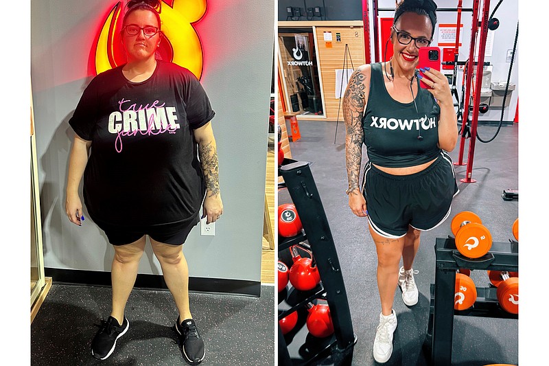 This combination of photos show Jenny Watson at a Hotworx facility in suburban Dallas in February 2023, left, and Watson taking a selfie in July 2025. (Robyn Meza via AP, left, and Jenny Johnson via AP)