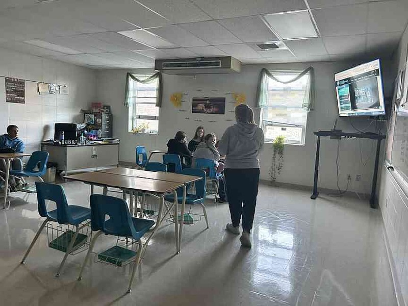 Jack Wardynski/Democrat photo Health teacher Ashley Anderson presents a video from Drug Free World to her students with clips of individuals speaking about how drug addiction negatively impacted their lives.