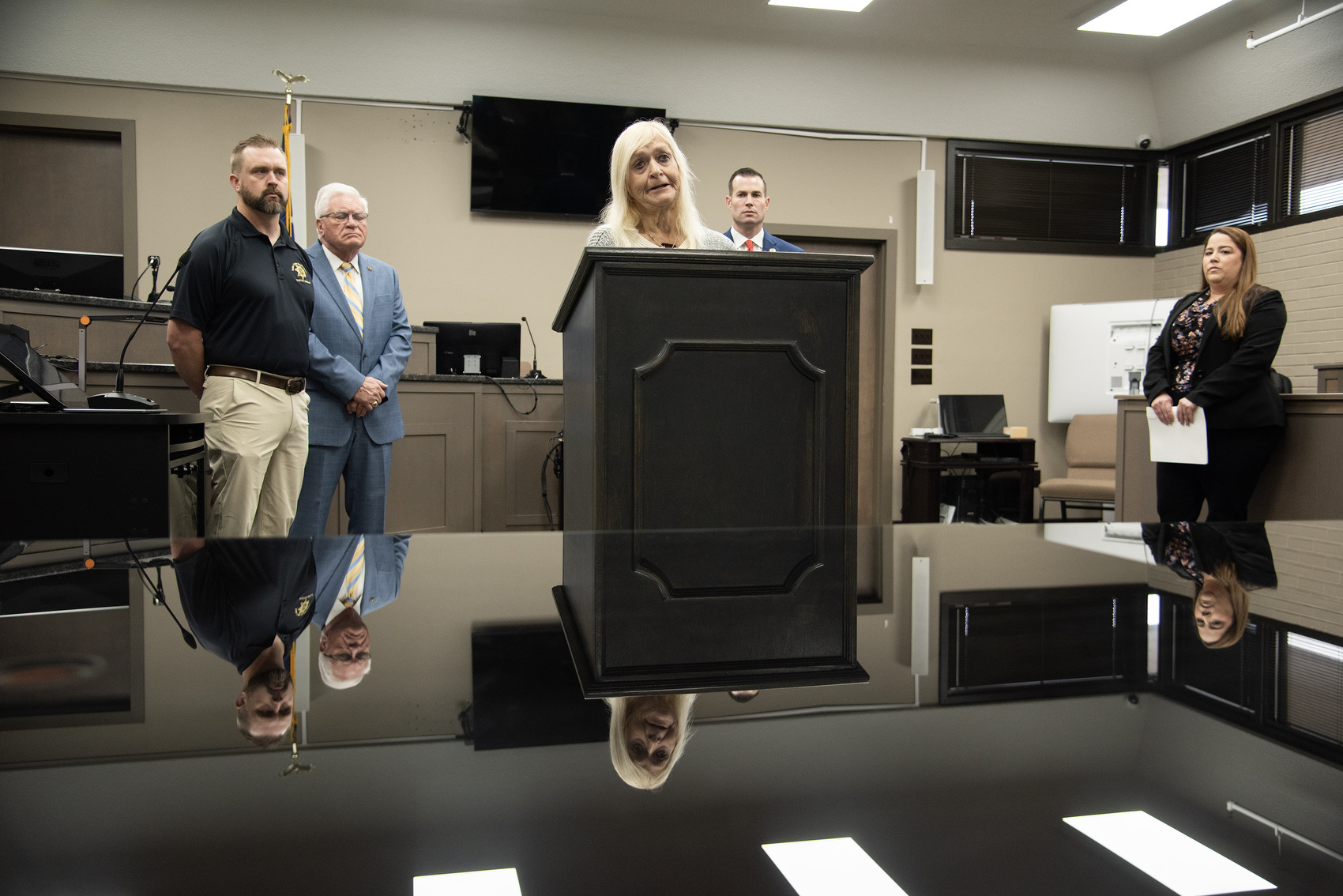 Staff Photo by Seth Carpenter / Kathy Fickey, mother of D.J. Fickey, speaks at the Walker County Courthouse on Nov. 25, 2025, at a press conference about the conviction of Marshall Payne in the 2016 murder of D.J. Fickey.