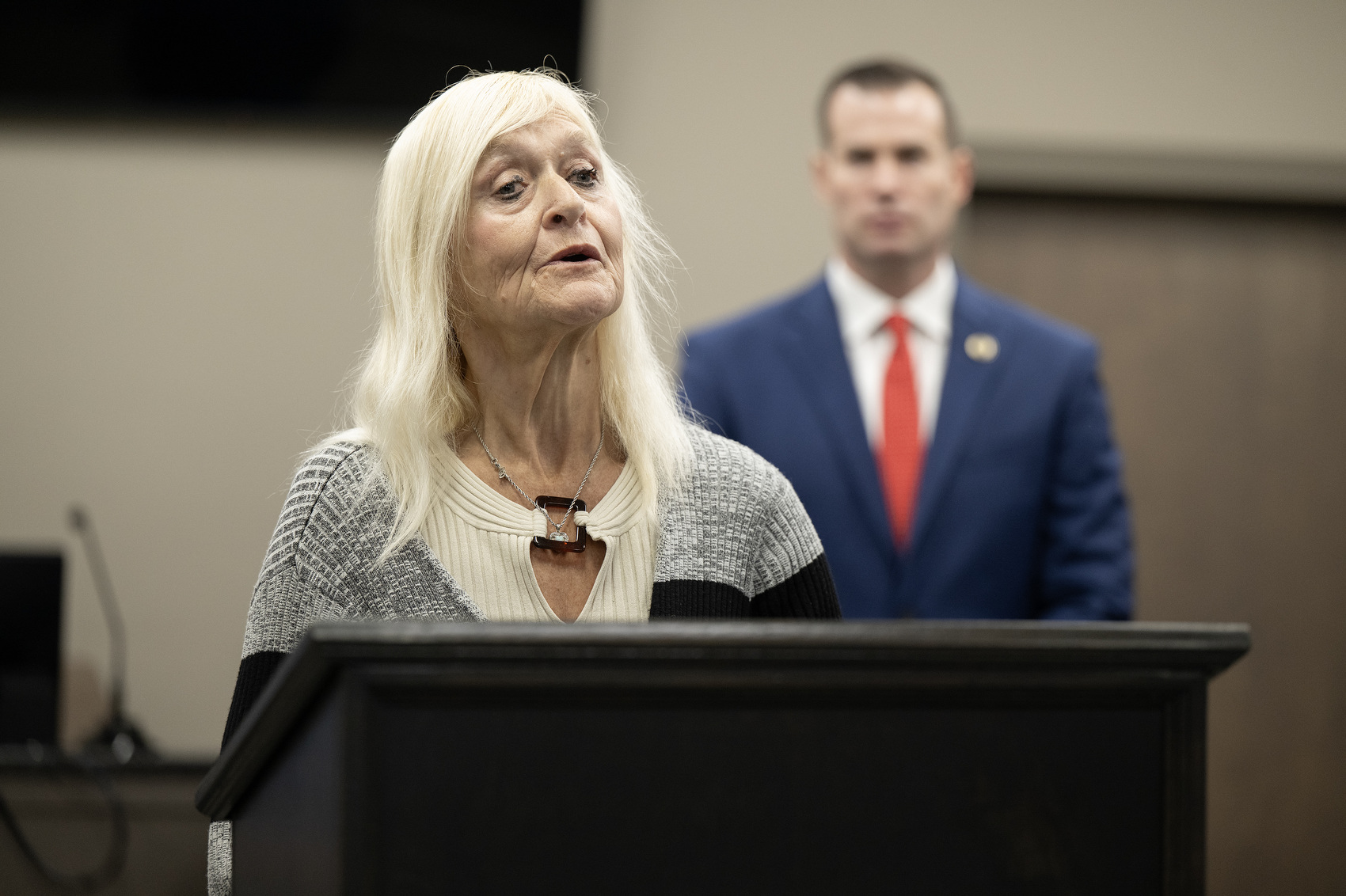 Staff Photo by Seth Carpenter / Kathy Fickey, mother of D.J. Fickey, speaks at the Walker County Courthouse on Nov. 25, 2025, at a press conference about the conviction of Marshall Payne in the 2016 murder of D.J. Fickey.