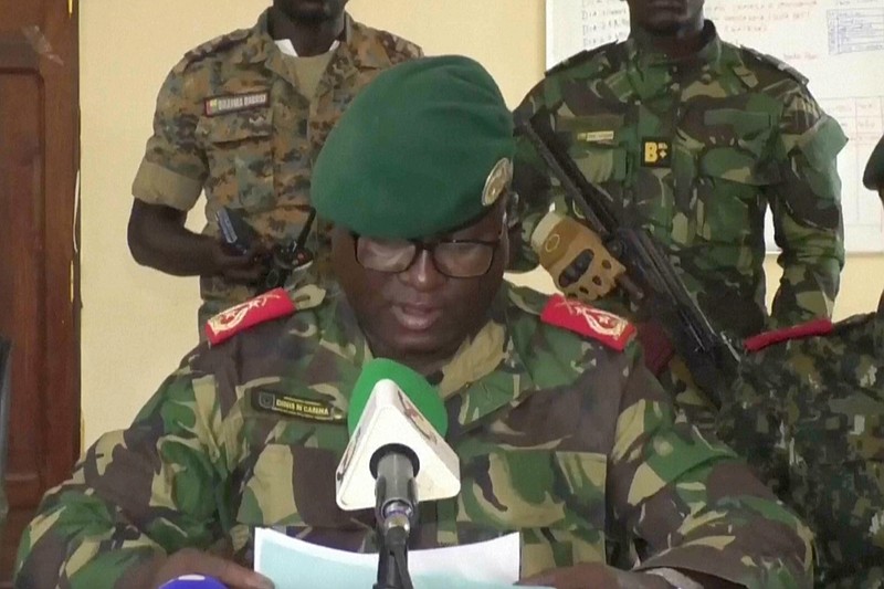 Dinis N’Tchama, military spokesperson, speaks on Wednesday, Nov. 26, 2025 in Bissau, Guinea-Bissau.  (TGB Guinea-Bissau via AP)