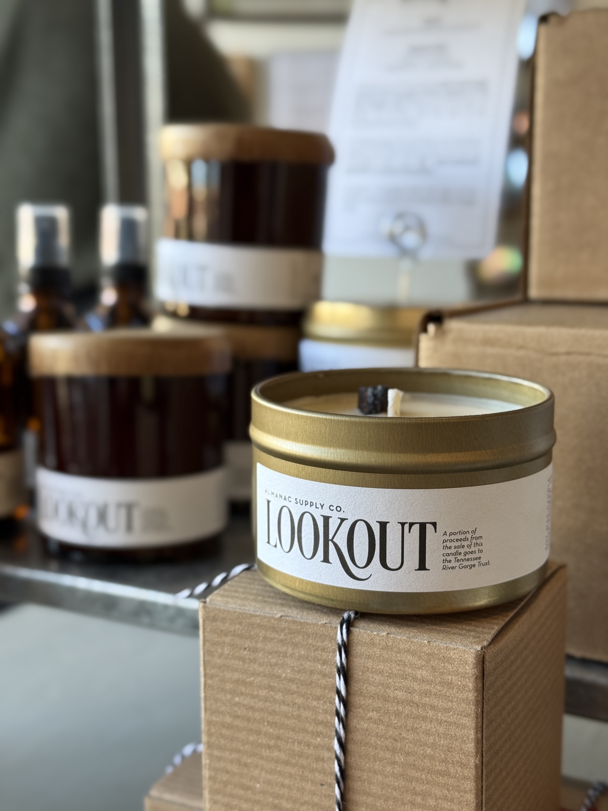 Staff photo by Sam Still / "Lookout" scented candles sit on a shelf at Almanac Supply Co. on the North Shore.
