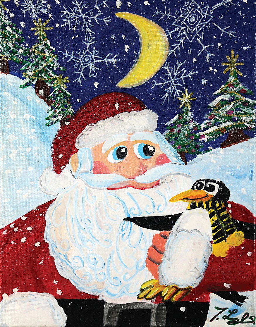 Artist Turner Jenkins paints 'Santa's Feathered Friend' with help