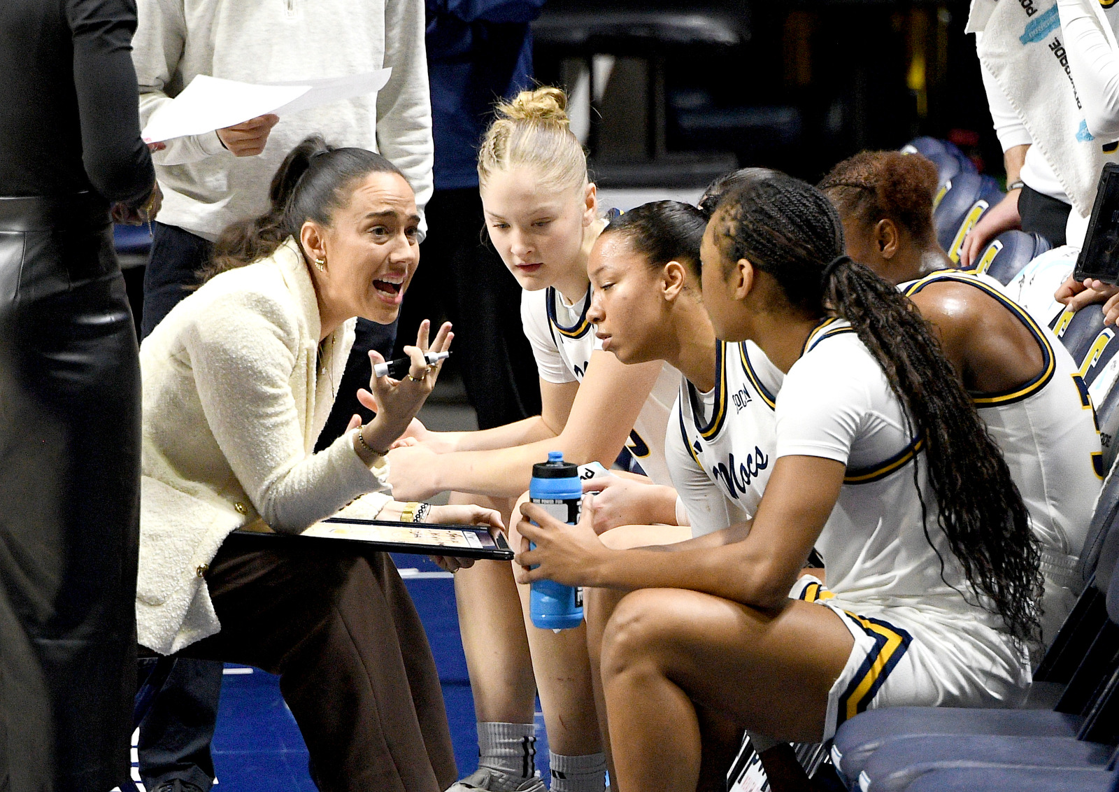 Staff Photo by Robin Rudd / UTC head coach Deandra Schimer instructs the Mocs during a media timeout. The University of Tennessee at Chattanooga Mocs hosted the Bellarmine Knights in a NCAA basketball game, at McKenzie Arena, on Dec. 7, 2025.