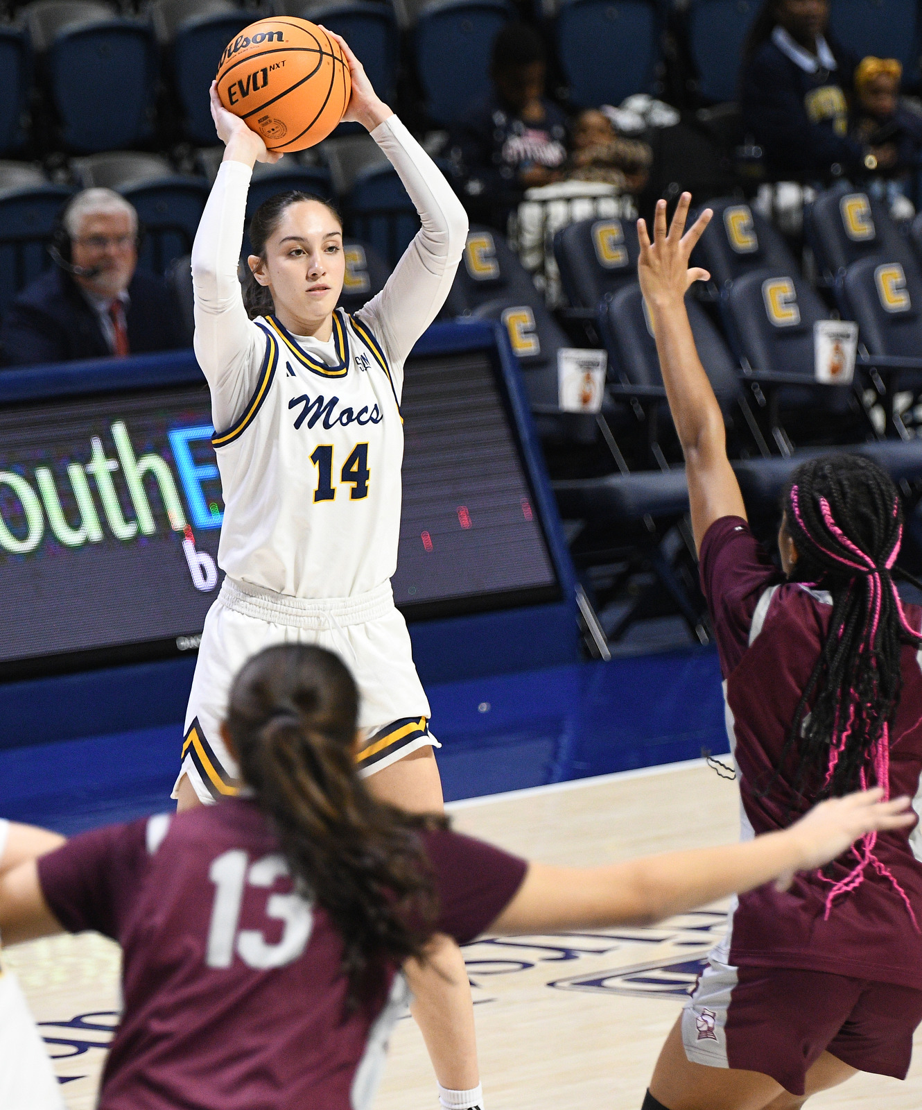 Staff Photo by Robin Rudd / UTC's Izzy McPherson (11) looks for an open teammate. The University of Tennessee at Chattanooga Mocs hosted the Bellarmine Knights in a NCAA basketball game, at McKenzie Arena, on Dec. 7, 2025.