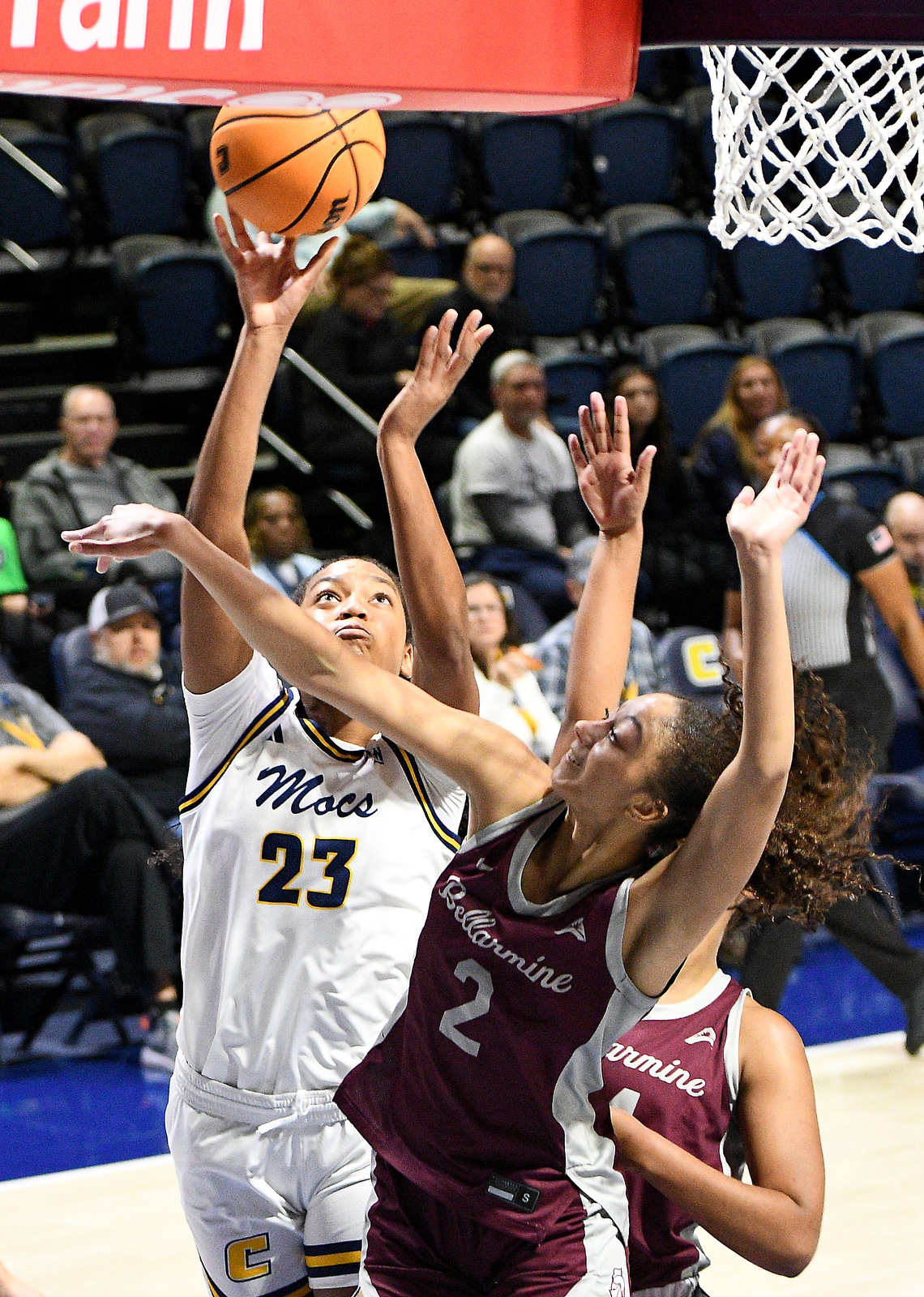 Staff Photo by Robin Rudd / UTC's Ava Card (23) shoots under the basket. The University of Tennessee at Chattanooga Mocs hosted the Bellarmine Knights in a NCAA basketball game, at McKenzie Arena, on Dec. 7, 2025.