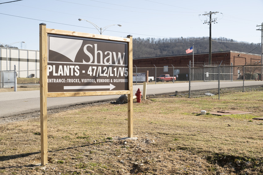 Staff Photo by Seth Carpenter / An entrance to Shaw Industries plants is seen in Ringgold. The company says it invented a new test to eliminate PFAS from its supply chain.