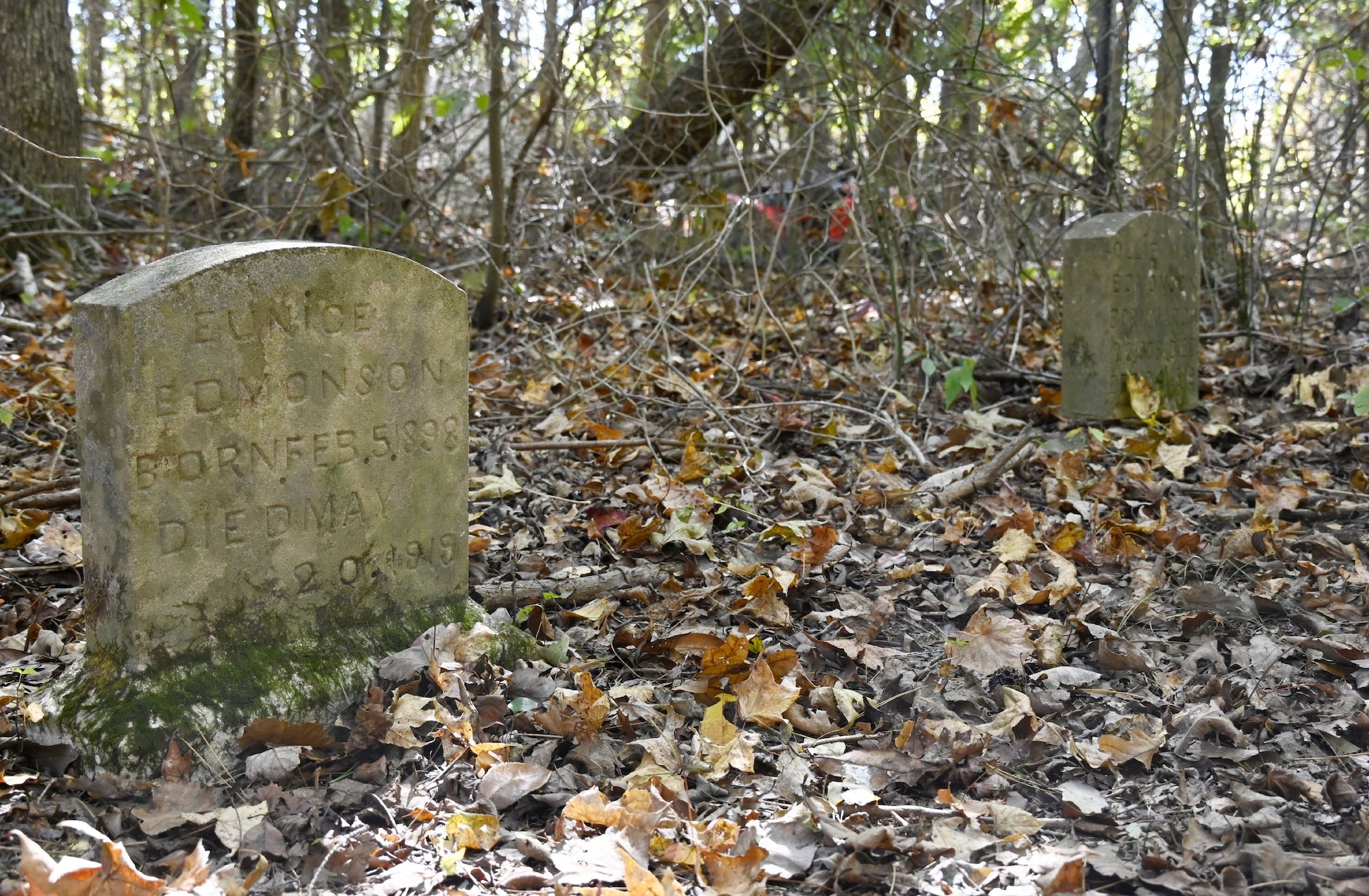 Staff file photo / Two headstones are seen in the abandoned historic graveyard tucked near Enterprise South Nature Park.