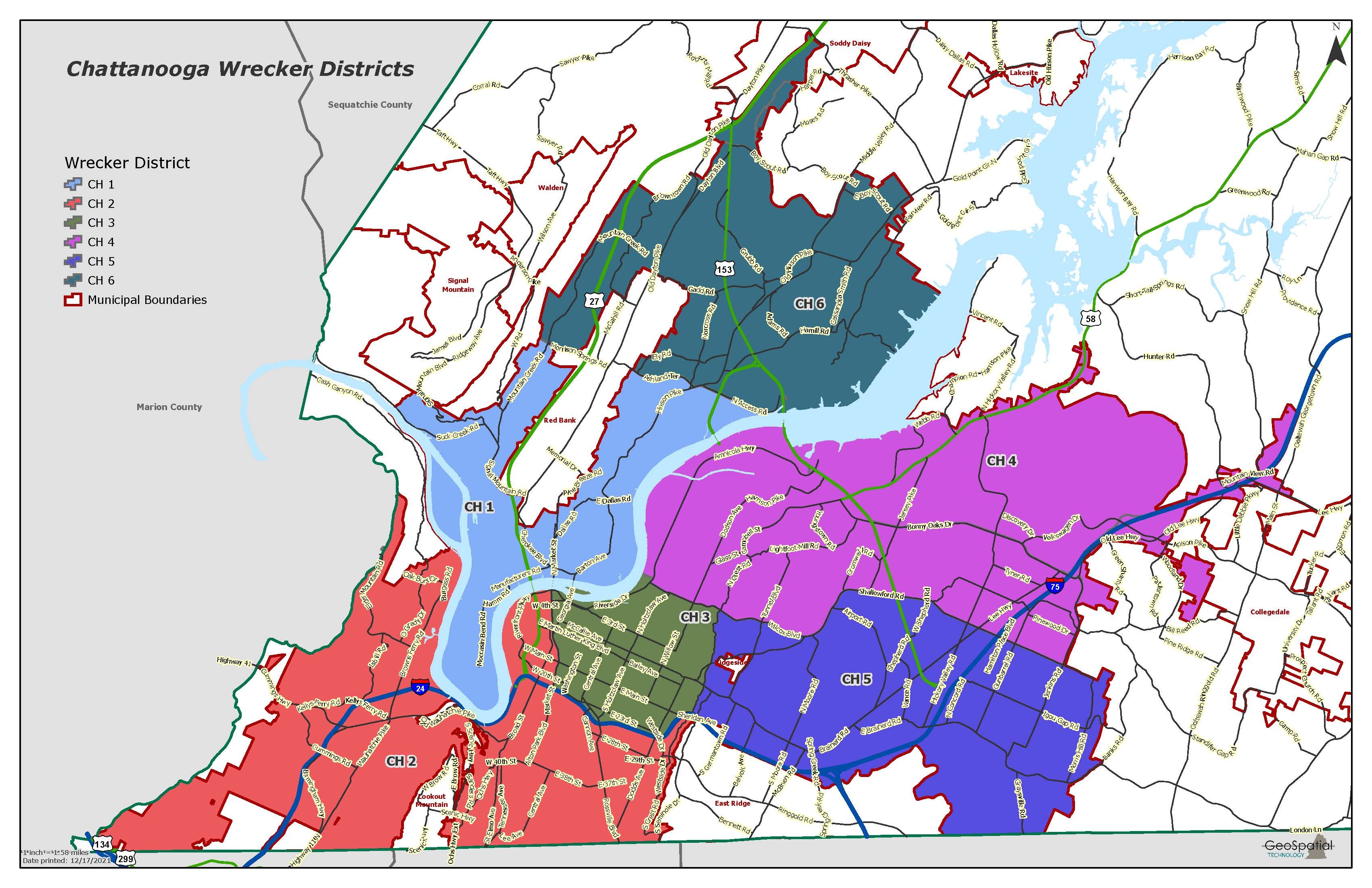 City of Chattanooga Open Records / A map of the Chattanooga wrecker districts.