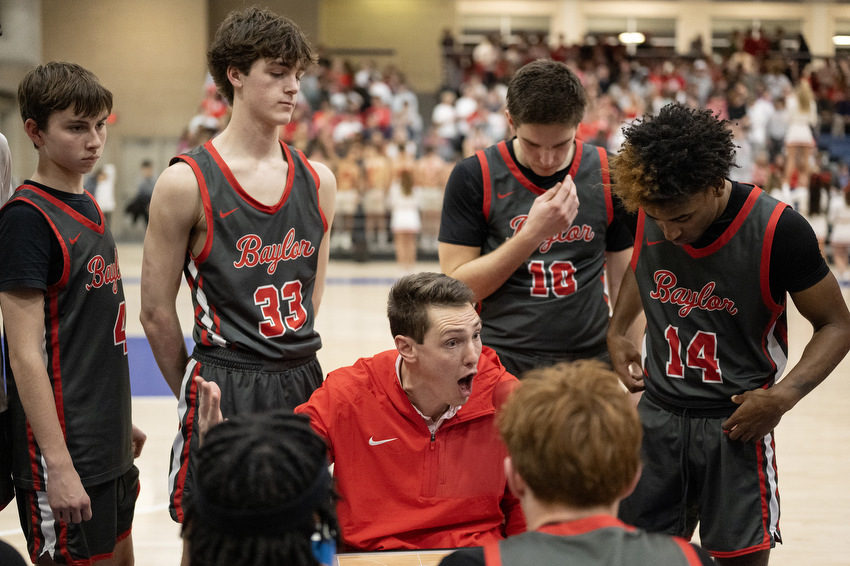 Staff Photo by Seth Carpenter/ Baylor Head Coach Quinn McDowell coaches his team during halftime. McCallie Boys' Basketball was hosting a match against Baylor on Friday, Jan. 16, 2026.