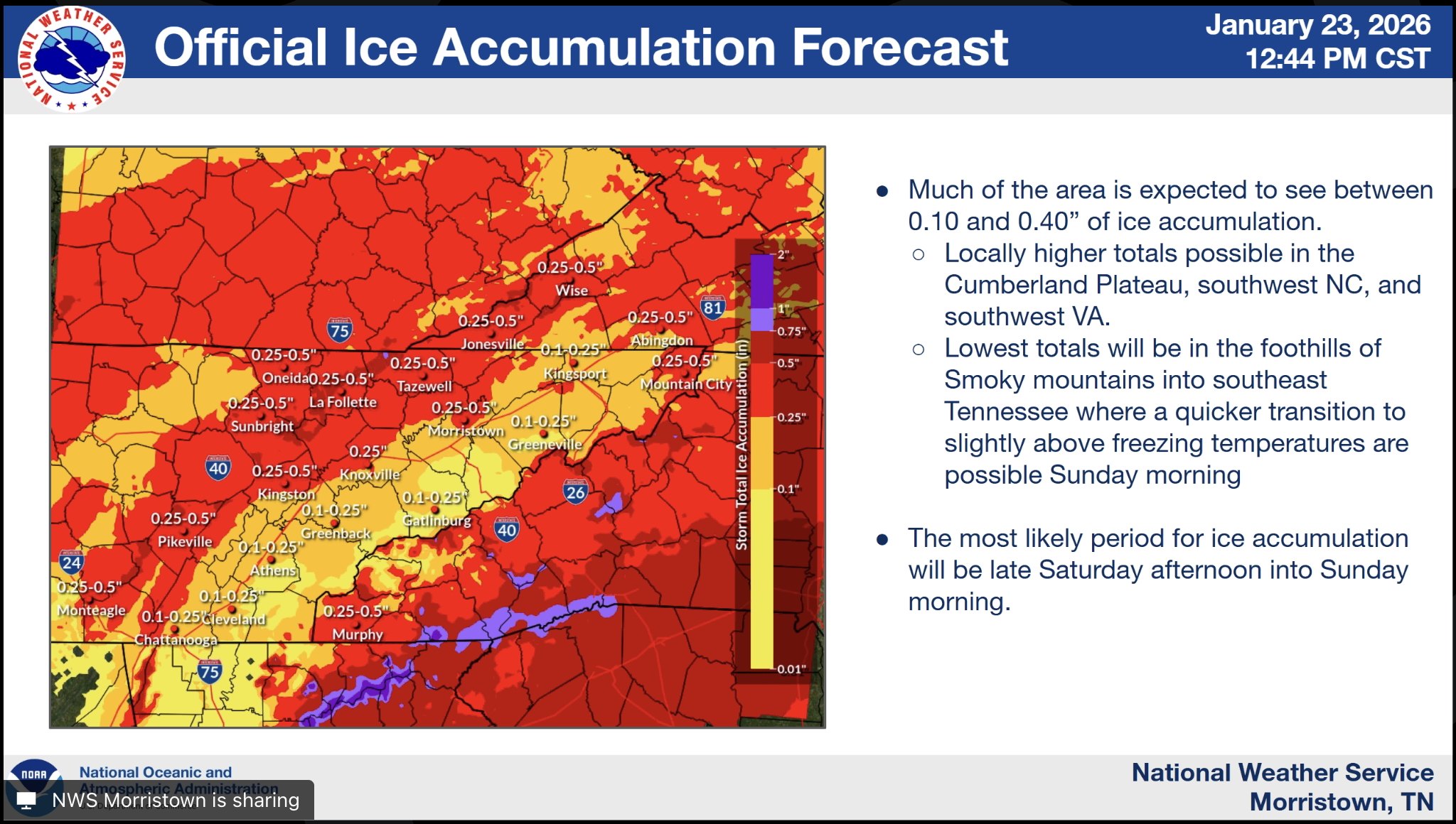National Weather Service / This impact map shows the ice accumulation forecast from the National Weather Service office in Morristown, Tenn., for parts of East Tennessee, West North Carolina, North Georgia and Southwest Virginia, as of Jan. 23, 2026. The forecast shows accumulations ranging from 0.1-0.25 of an inch in Chattanooga, up to a half inch in Monteagle, Tenn,, on the Southern Cumberland Plateau.