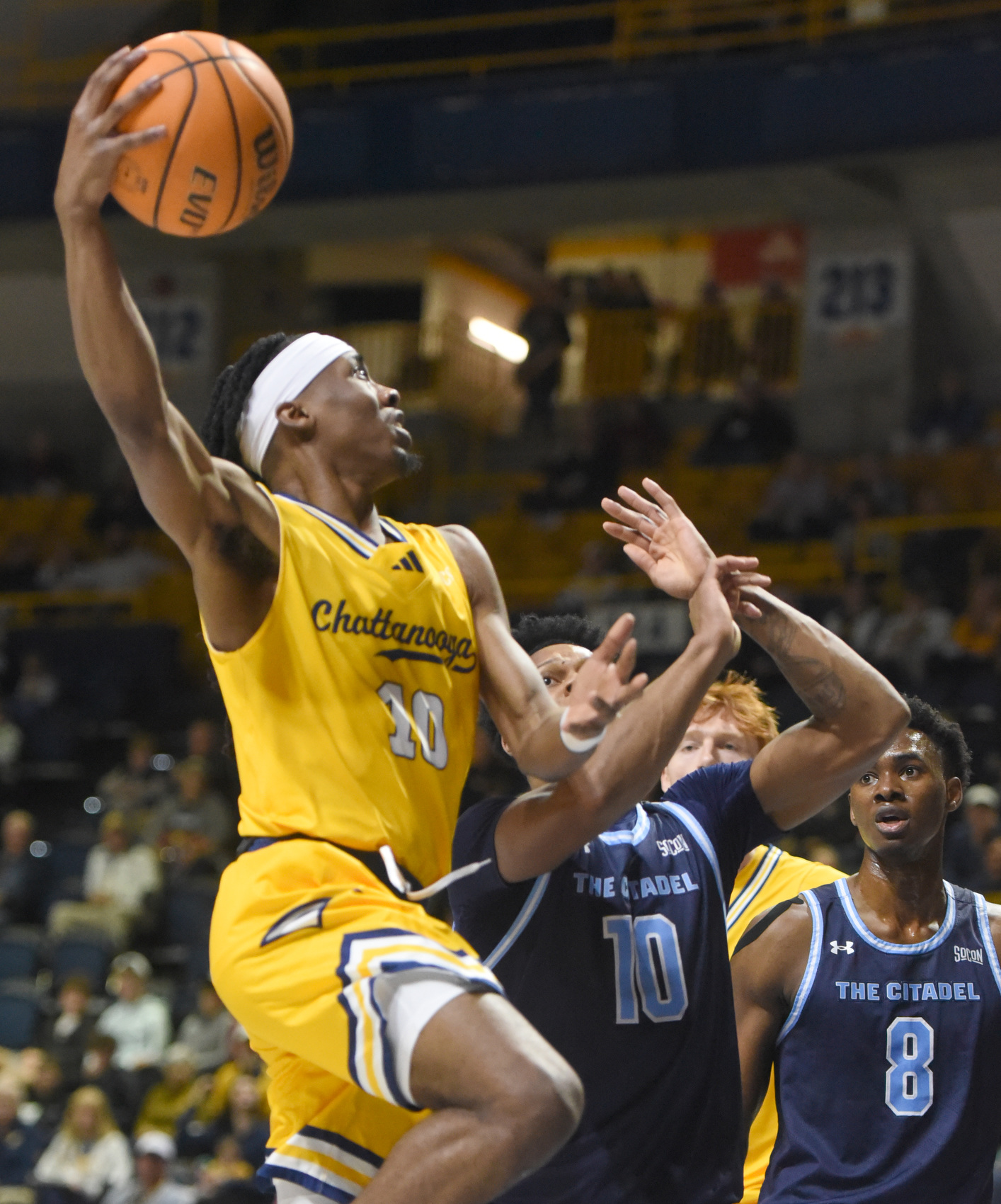Staff photo by Matt Hamilton/ Citadel (10) Braxton Williams defends as UTC (10) Teddy Washington puts up a shot during their game at McKenzie Arena on Saturday, Feb. 7, 2026.