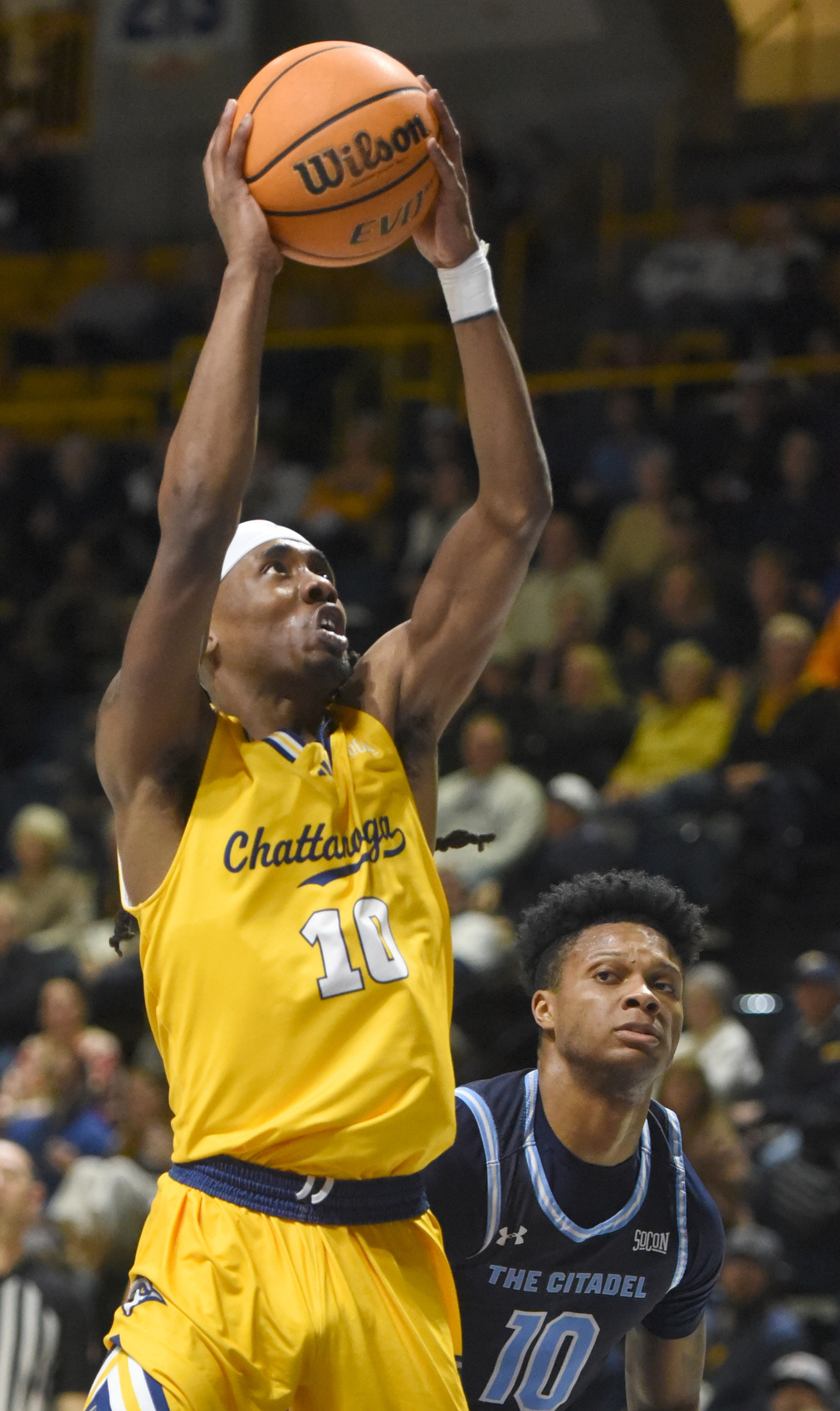 Staff photo by Matt Hamilton/ Citadel (10) Braxton Williams defends as UTC (10) Teddy Washington puts up a shot during their game at McKenzie Arena on Saturday, Feb. 7, 2026.