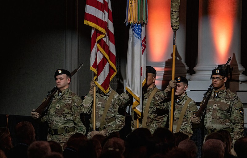 A color guard from the 101st Airborne Division from Fort Campbell opened Thursday night's session of the International Christian Media Convention before Defense Secretary Pete Hegseth spoke. (John Partipilo/Tennessee Lookout)