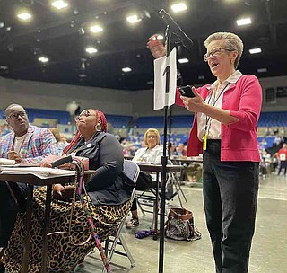 Rebekah Miles (right), an Arkansas native, addresses the Arkansas ...