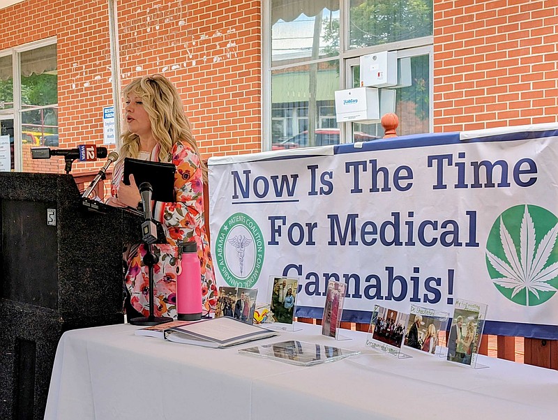 Amanda Taylor, a patient advocate, speaks at a Patients' Coalition for Medical Cannabis press conference in Montgomery. Taylor said she has seven conditions that could be treated by medical cannabis. (Alander Rocha/Alabama Reflector file)