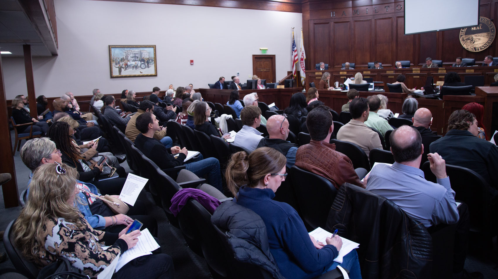 Staff photo by Larry Sullivan II / The crowd at the Hamilton County Commission meeting listens while commissioners discuss whether to give County Mayor Weston Wamp authority to withdraw the county from its partnership with the city of Chattanooga in funding the Regional Planning Agency.