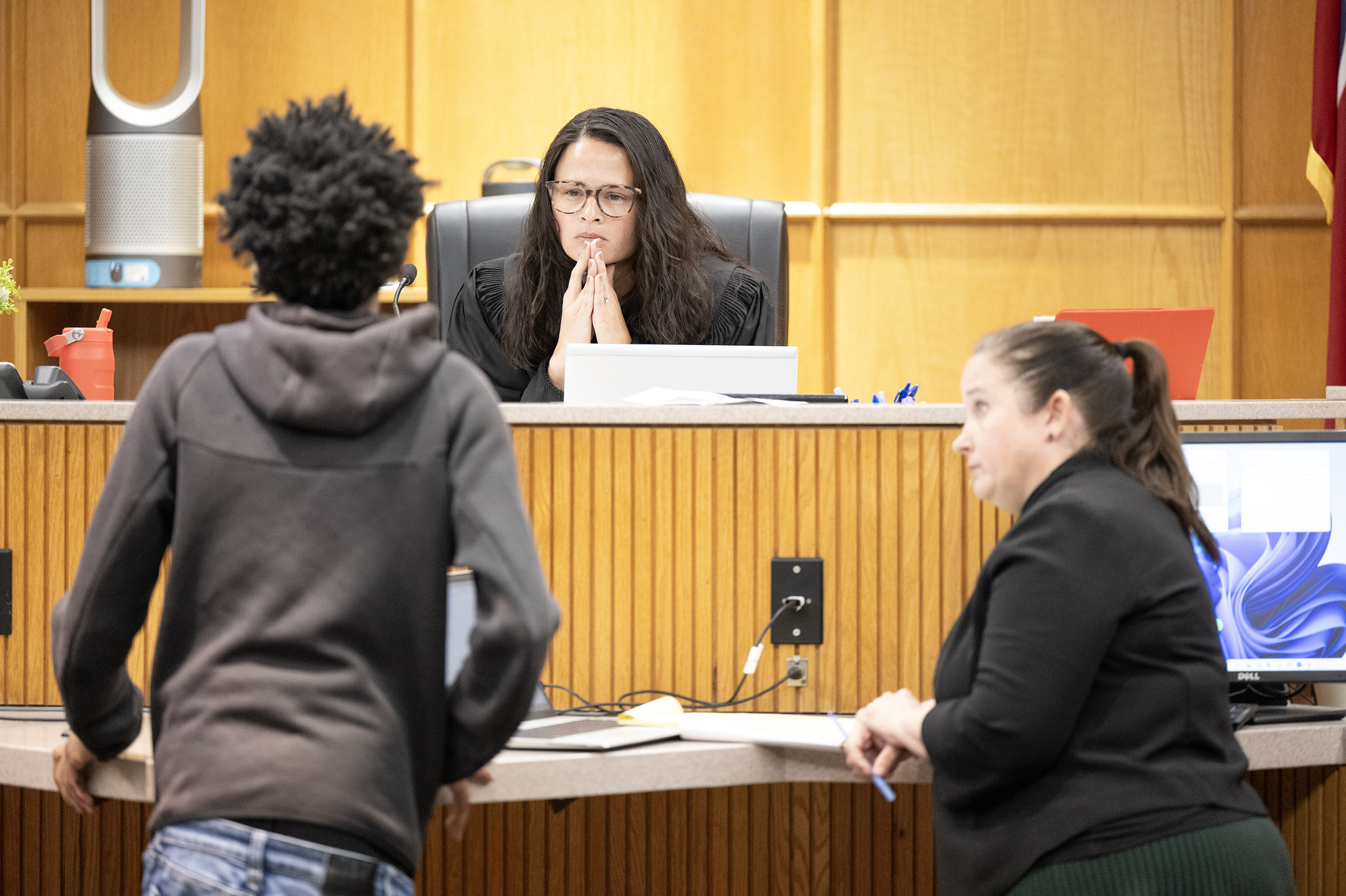 Staff Photo by Seth Carpenter / Hamilton County Judge Tori Smith listens to testimony from Jaden Rue. Terrance Brewer Jr. and Milik Woodley were in a preliminary hearing in connection with their alleged role in the shooting death of Wallace Milam.