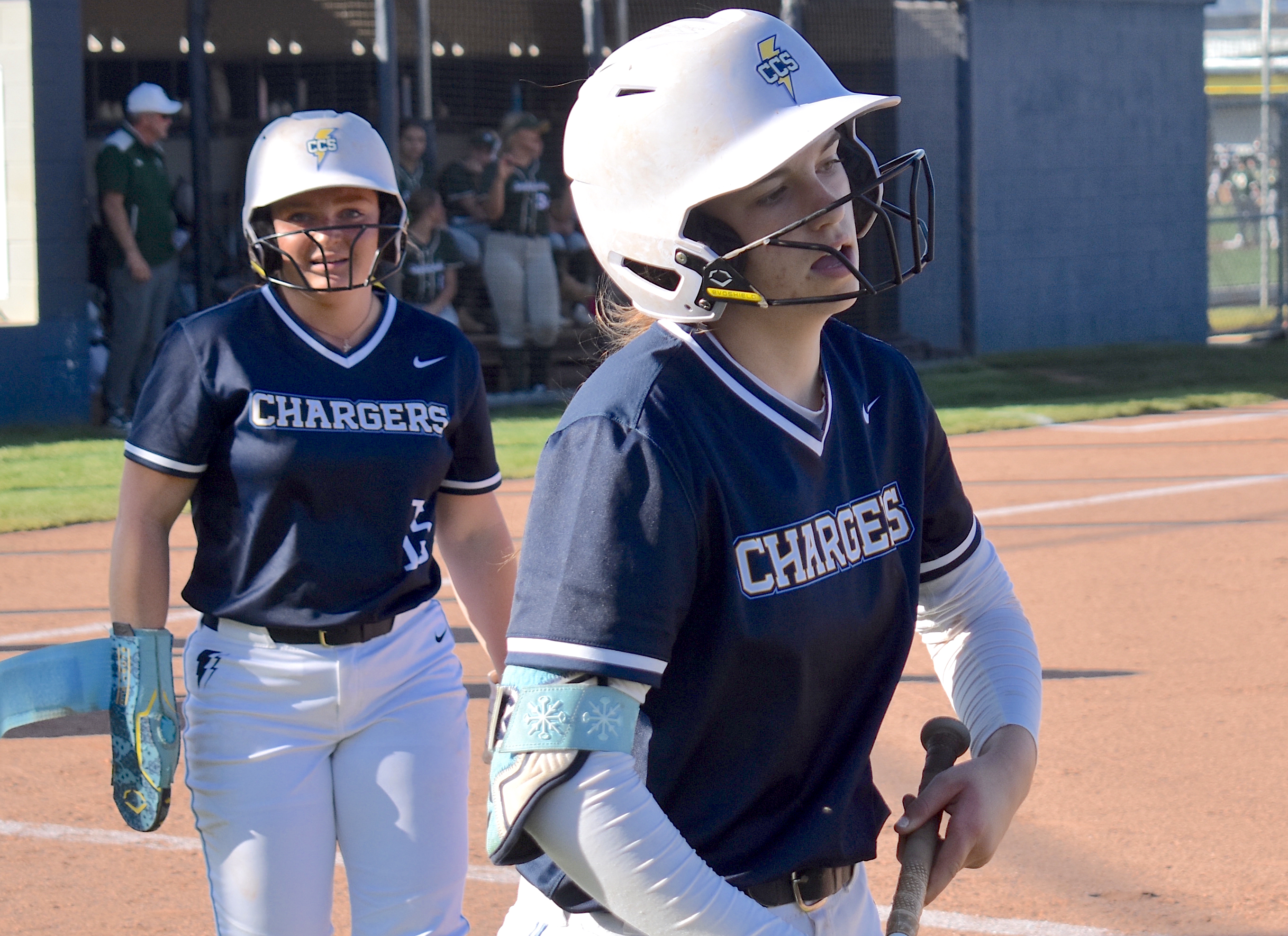 Staff photo by Patrick MacCoon / Chattanooga Christian School's Hannah Smith, back left, and Millie Fox, front center, help set the lineup with power and speed for the defending Division II-AA state champion Lady Chargers.