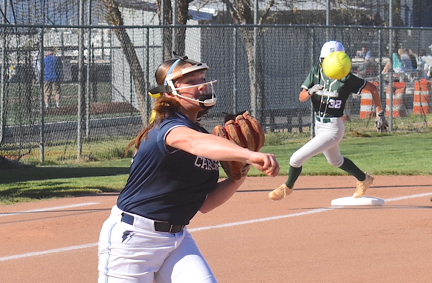 Staff photo by Patrick MacCoon / Chattanooga Christian School senior Hannah Smith makes a put out in Monday's home game against Silverdale Baptist. Smith is signed to play college softball for the University of Tennessee at Chattanooga.