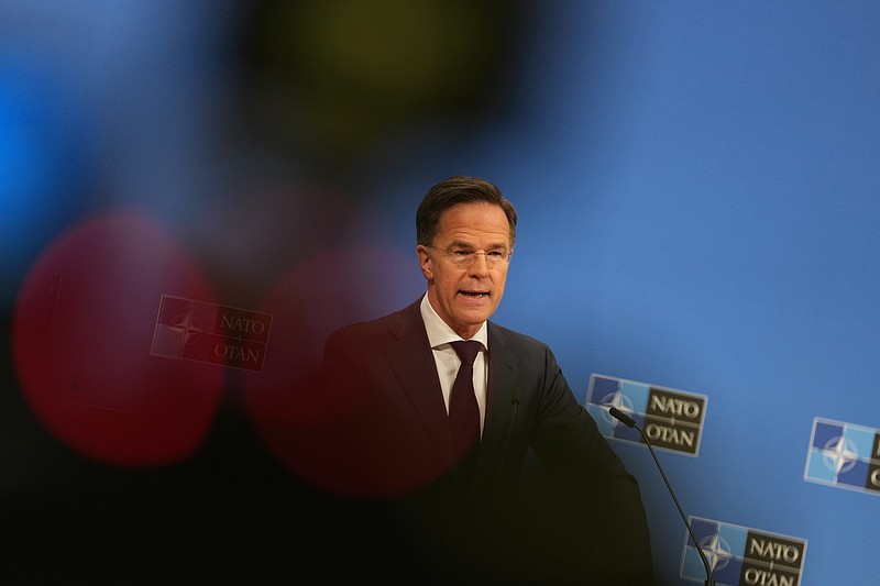 NATO Secretary General Mark Rutte speaks during the launch of the NATO Secretary General's Annual Report for 2025 at NATO headquarters in Brussels, Thursday, March 26, 2026. (AP Photo/Virginia Mayo)