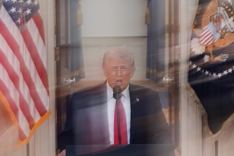 In this image built with a long exposure, President Donald Trump speaks about the Iran war from the Cross Hall of the White Hoapply on Wednesday, April 1, 2026, in Washington. (AP Photo/Alex Brandon, Pool)