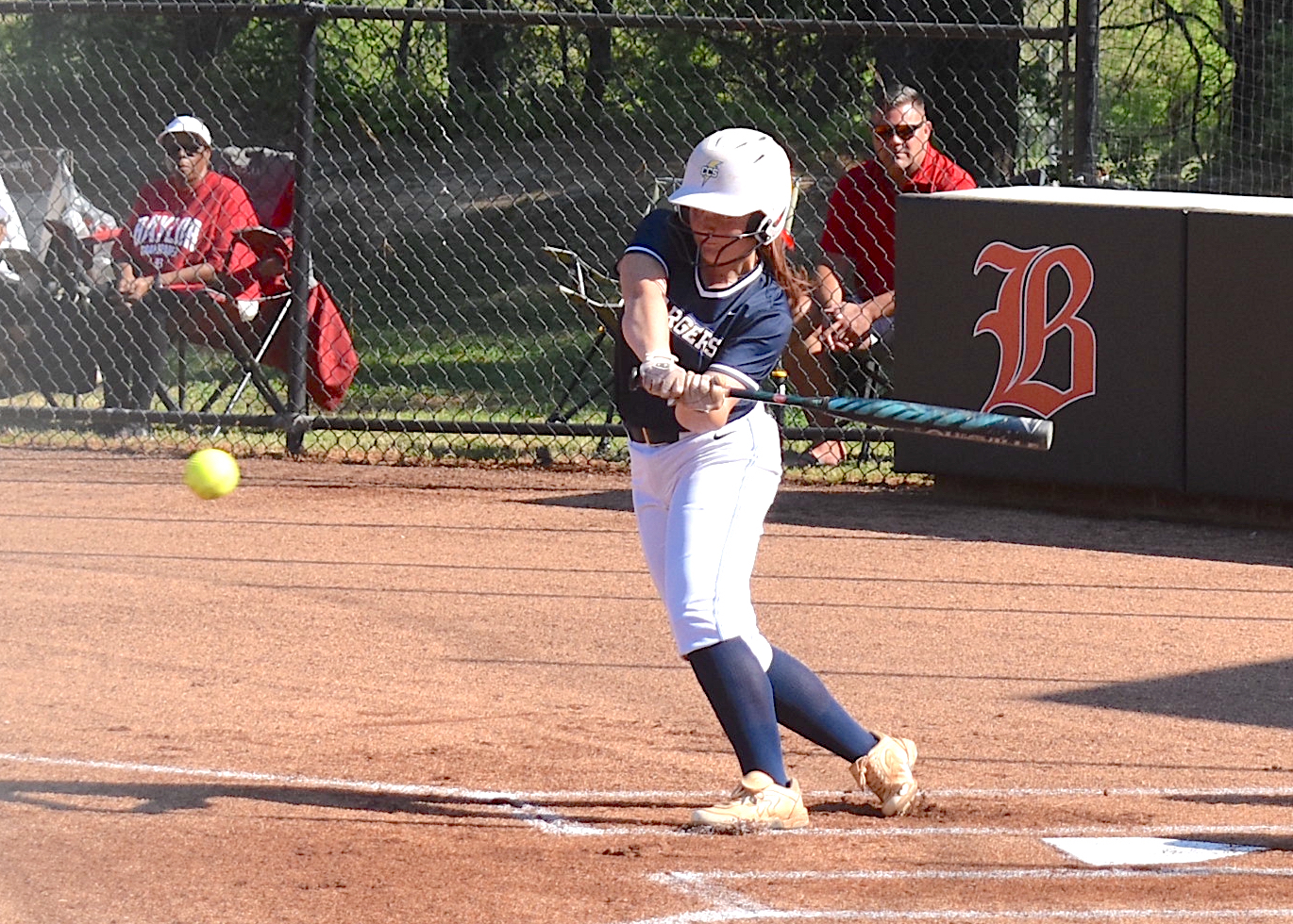 Staff photo by Patrick MacCoon / Chattanooga Christian senior Hannah Smith singles in the first inning of Thursday's 1-0 road district victory over Baylor.