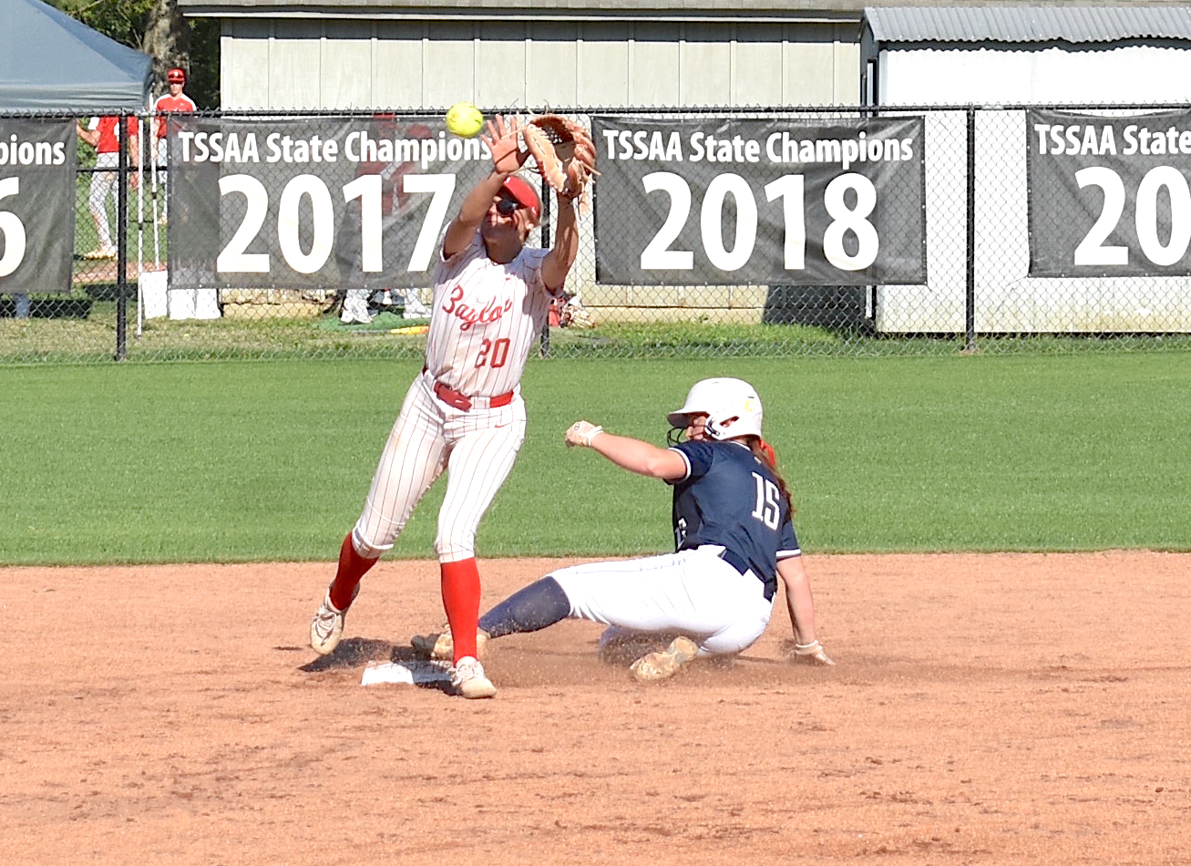 Staff photo by Patrick MacCoon / Chattanooga Christian senior Hannah Smith slides safely into second base during the third inning of Thursday's road victory over Baylor.
