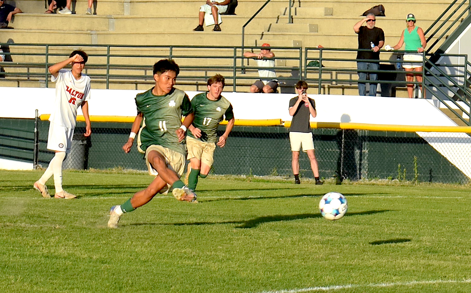 Staff photo by Patrick MacCoon / Notre Dame senior Caleb Salenda scores on a penalty kick in the 64th minute in Tuesday's 1-1 draw with Dalton in a matchup of nationally-ranked teams at Notre Dame's Jim Eberle Field.