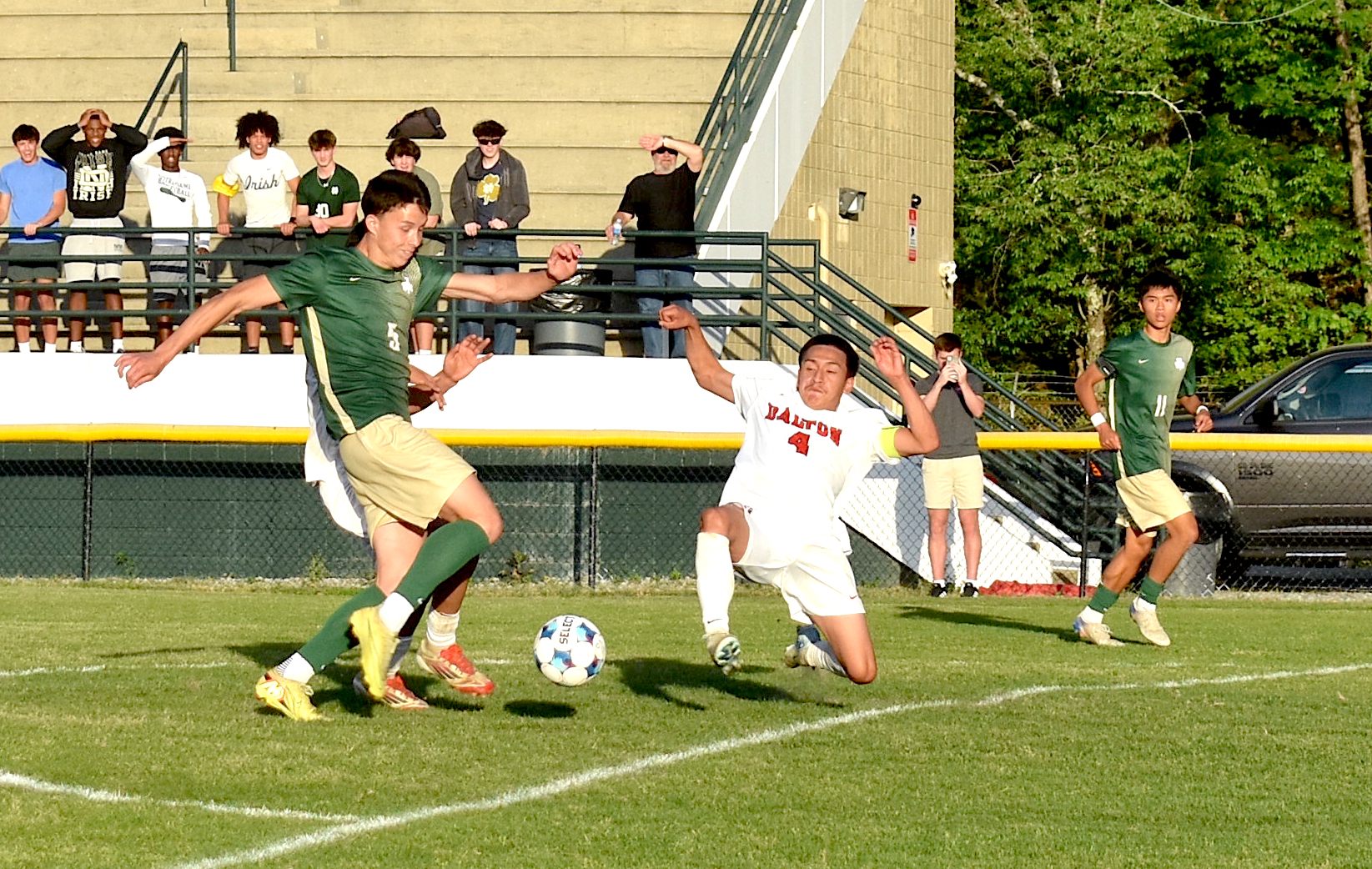 Staff photo by Patrick MacCoon / Notre Dame senior Cooper Campbell attempts to shoot before drawing a foul in the box by a Dalton defender in Tuesday's 1-1 draw between two nationally ranked teams at Notre Dame's Jim Eberle FIeld.