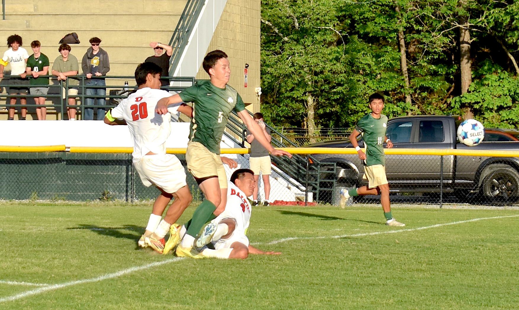 Staff photo by Patrick MacCoon / Notre Dame's Cooper Campbell draws a foul in the box during Tuesday's 1-1 draw against Dalton at Jim Eberle Field.