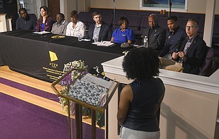 Staff file photo by Matt Hamilton/ Candidates, from left, Micah Chapman, Elea Wright, Justin Pinkerton, Katherlyn Geter, Jordan Hammond, Thessela White, Warren Mackey, Montrell Besley and David Sharpe answer questions during an event at New United Missionary Baptist Church. All are running for the Hamilton County Commission except Chapman, Hammond and White, who are running for the school board.