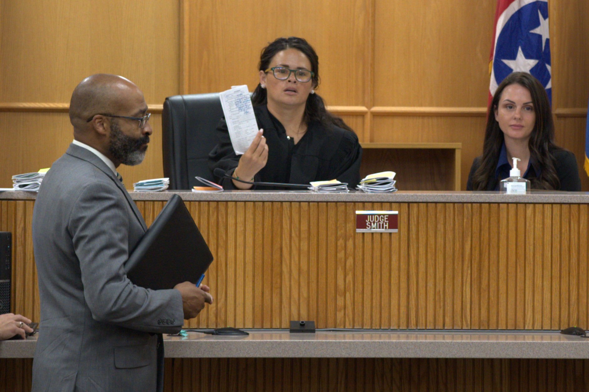 Staff photo by Mason Edwards / Hamilton County General Sessions Judge Tori Smith informs Gregory Collins, a volunteer police chaplain, that prosecutors moved to dismiss his pending charge.