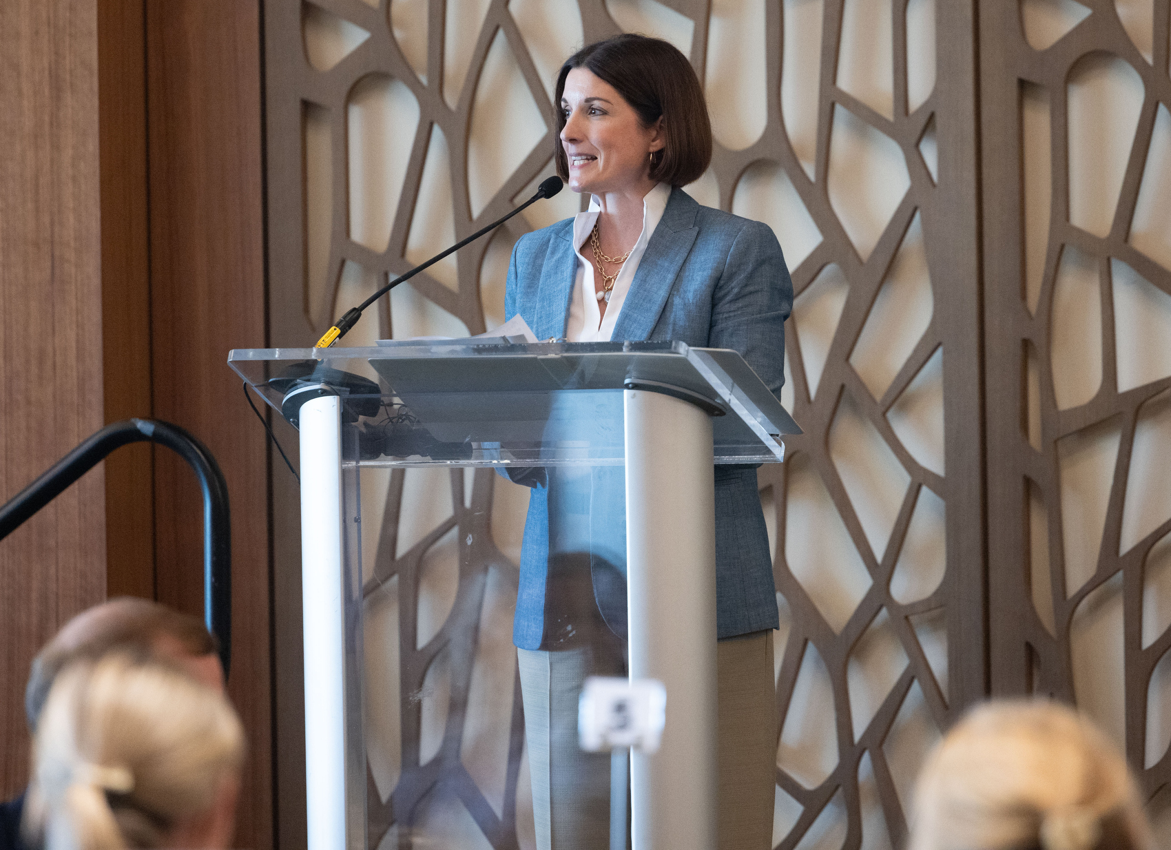 Staff photo by Larry Sullivan II / President and CEO Emily Mack speaks during the River City Co.'s 40th anniversary celebration at the Westin hotel.
