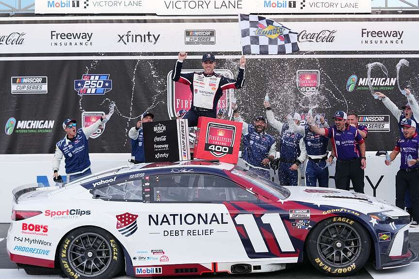 Denny Hamlin will start his three-peat bid from the pole at Pocono Raceway