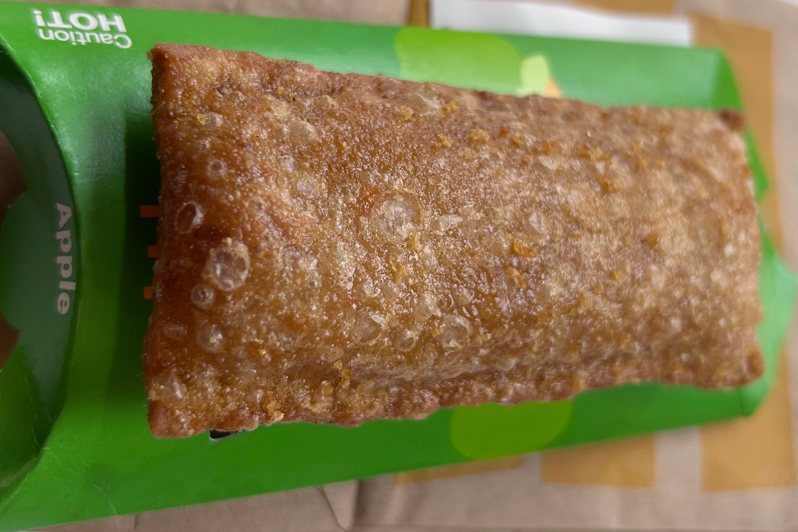 A fried apple pie sold at a McDonald's is shown in London on Tuesday, June 16, 2026. (AP Photo/Cara Rubinsky)