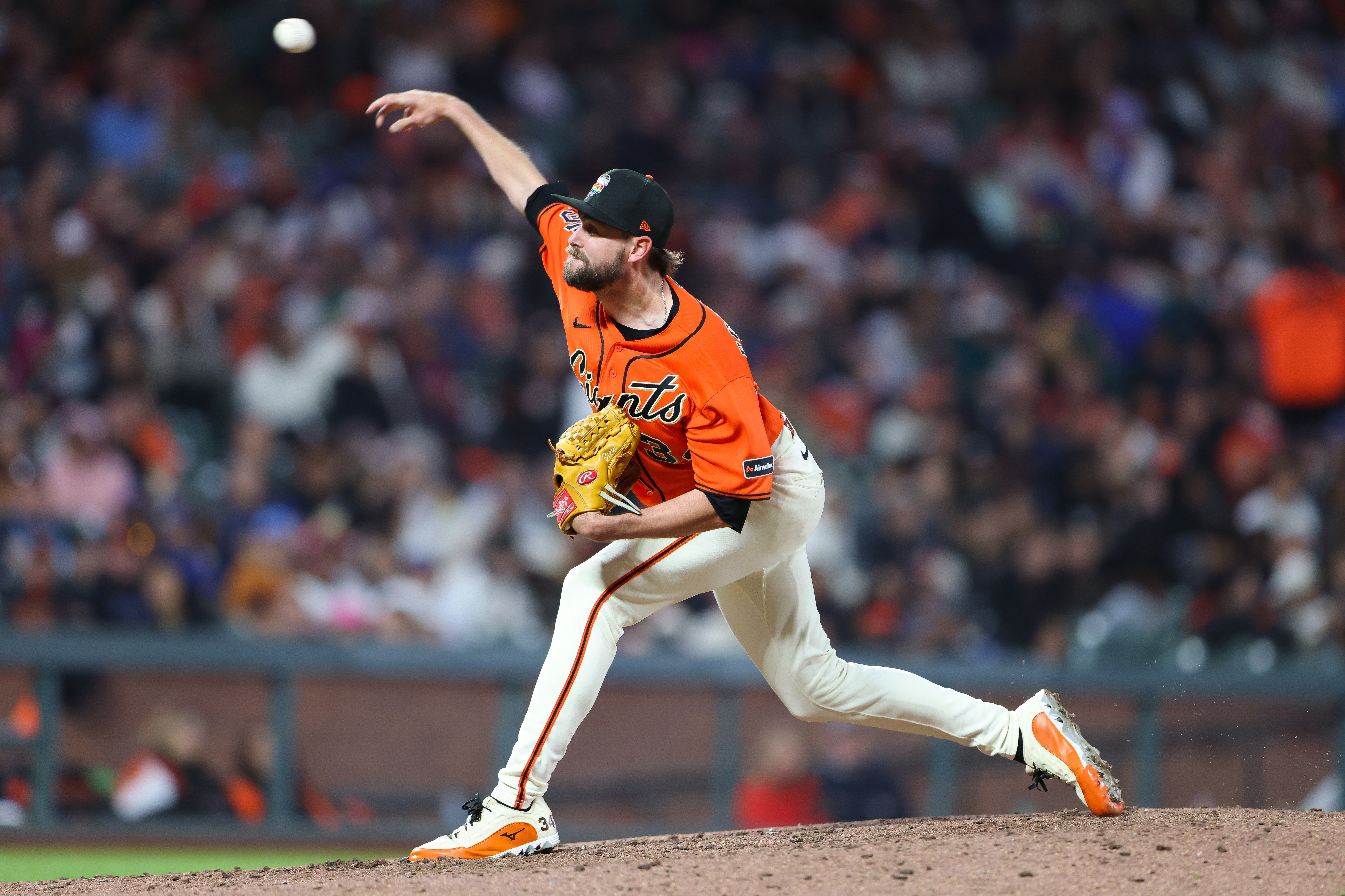 San Francisco Giants pitcher JT Brubaker throws to a Chicago Cubs batter during the sixth inning of a baseball game Friday, June 12, 2026, in San Francisco, Calif. (AP Photo/Scott Marshall)