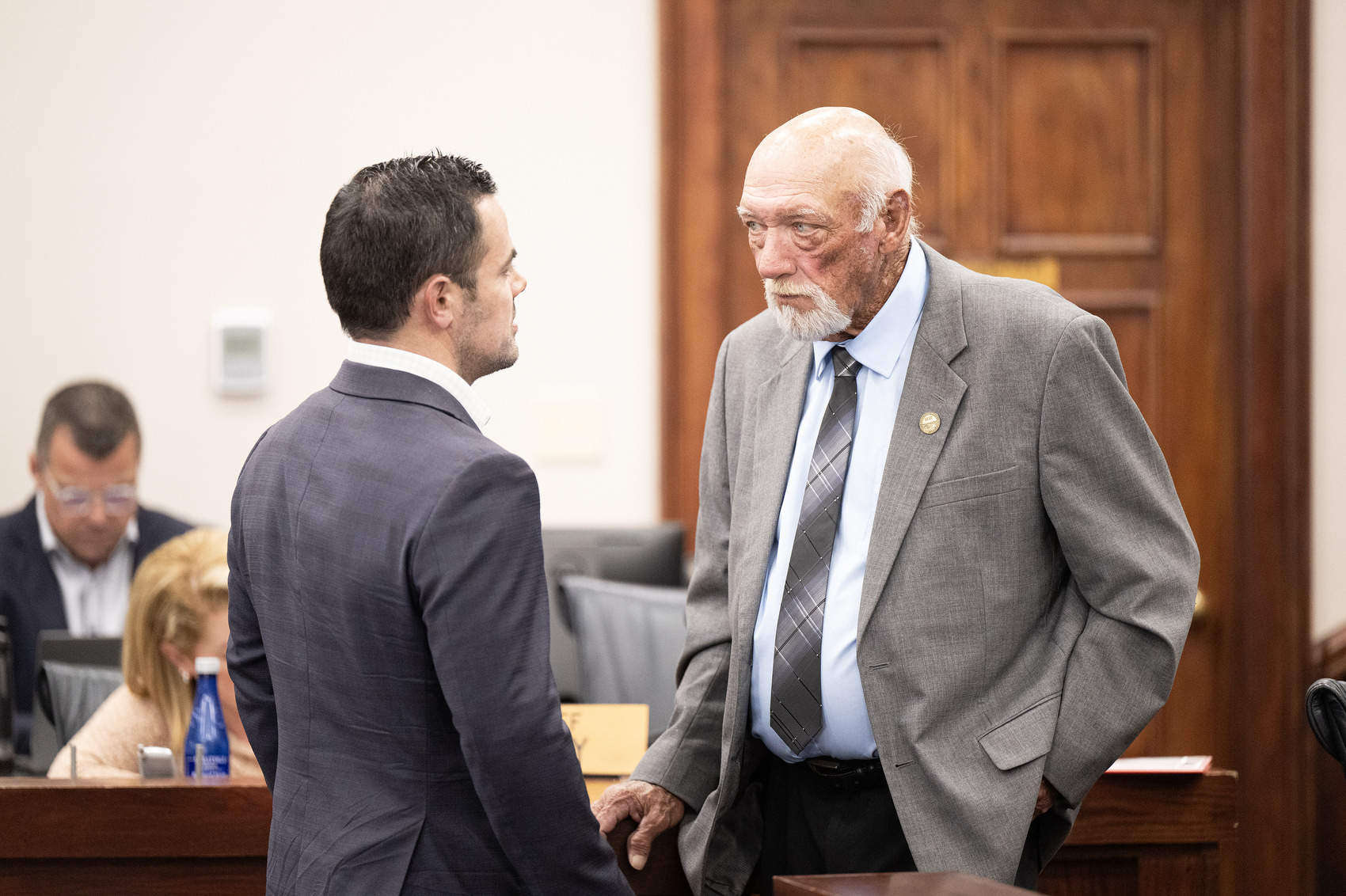 Staff Photo by Seth Carpenter / Hamilton County Commissioner Gene-o Shipley, right, speaks with County Mayor Weston Wamp prior to a County Commission meeting.