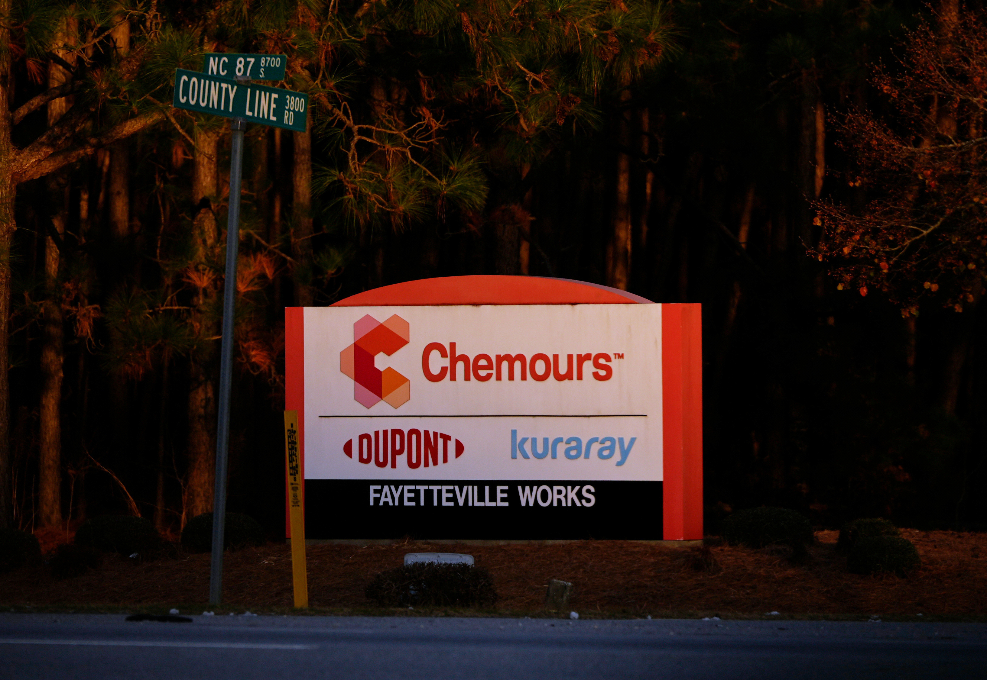FILE - A sign is displayed at the entrance of Chemours Company, Fayetteville Works in White Oak, N.C., Dec. 9, 2025. (AP Photo/Carolyn Kaster, File)