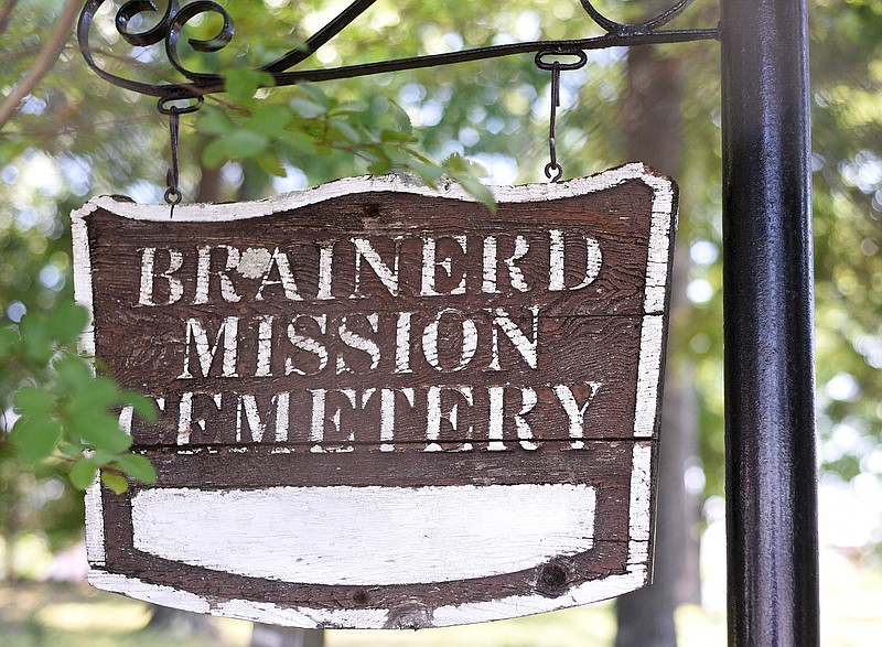 Staff photo by Matt Hamilton / A sign at the entry to the Brainerd Mission Cemetery on Friday, July 15, 2022.