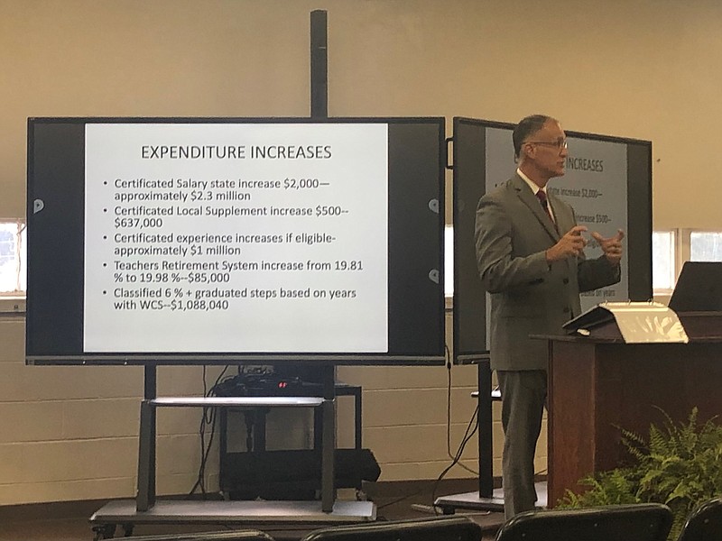 Staff photo Andrew Wilkins / At a meeting Thursday night in Chickamauga, Damon Raines, superintendent of Walker County Schools, describes expenditure increases in the school district’s proposed fiscal year 2023 budget.