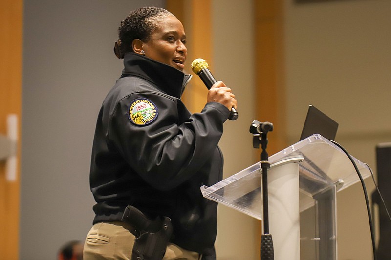 Staff photo by Olivia Ross  / Police Chief Celeste Murphy speaks at the 10th annual Boys Leadership Summit on April 30, 2022 at The University of Tennessee at Chattanooga.