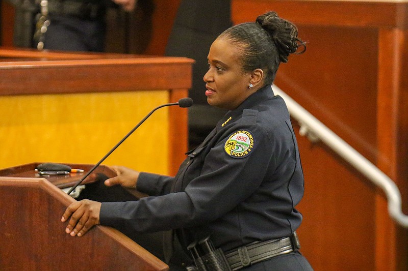 Staff photo by Olivia Ross  / City Council met on June 7, 2022. Here, Celeste Murphy, Police Chief, spoke to the room about the recent shootings and what police will be doing to prevent future ones.