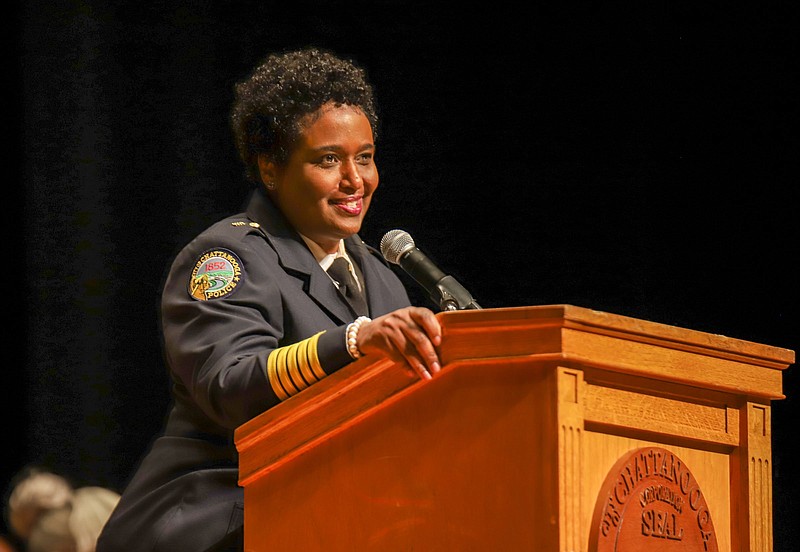 Staff photo by Olivia Ross  / Chief Murphy smiles at the crowd at her Confirmation ceremony on April 8, 2022. Family, friends, and officials gathered to celebrate Celeste Murphy's new position as Chattanooga Chief of Police.