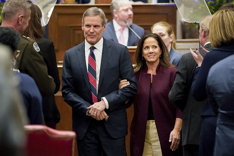 Tennessee Gov. Bill Lee and his wife, Maria, depart after his State of the State Address in the House Chamber of the Capitol building in Nashville, Tenn., Monday, Jan. 31, 2022. (Andrew Nelles/The Tennessean via AP)