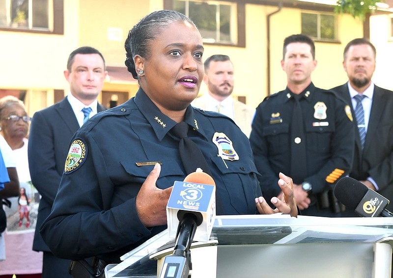 Staff Photo by Robin Rudd /  Chattanooga Police Chief Celeste Murphy speaks to the media.  CPD Chief Celeste Murphy made an appeal in the Westside neighborhood to gain community assistance in the killings of several women in the area.  The Grove Street press conference was held on May 17, 2022.